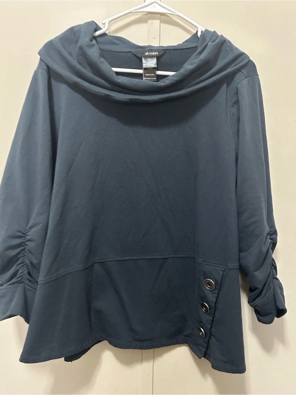 Ali Miles Blue Cowl Neck Top with Button Detail